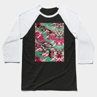 FLYING WHITE CRANES ON BLUE WATER AND SPRING FLOWERS Antique Red Teal Japanese Floral Baseball T-Shirt